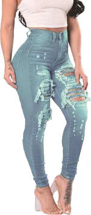 Women's Distressed Skinny High Waisted Jeans Ripped Stretch Casual Denim Pants Slim Fit Pull-On Destroyed Jeans