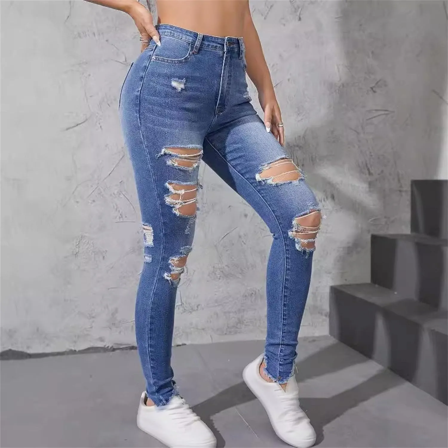 Women's Distressed Skinny High Waisted Jeans Ripped Stretch Casual Denim Pants Slim Fit Pull-On Destroyed Jeans