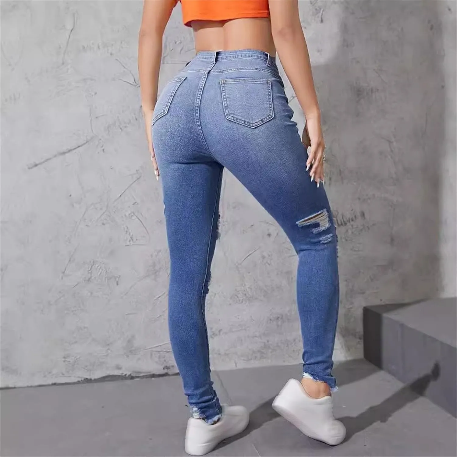 Women's Distressed Skinny High Waisted Jeans Ripped Stretch Casual Denim Pants Slim Fit Pull-On Destroyed Jeans