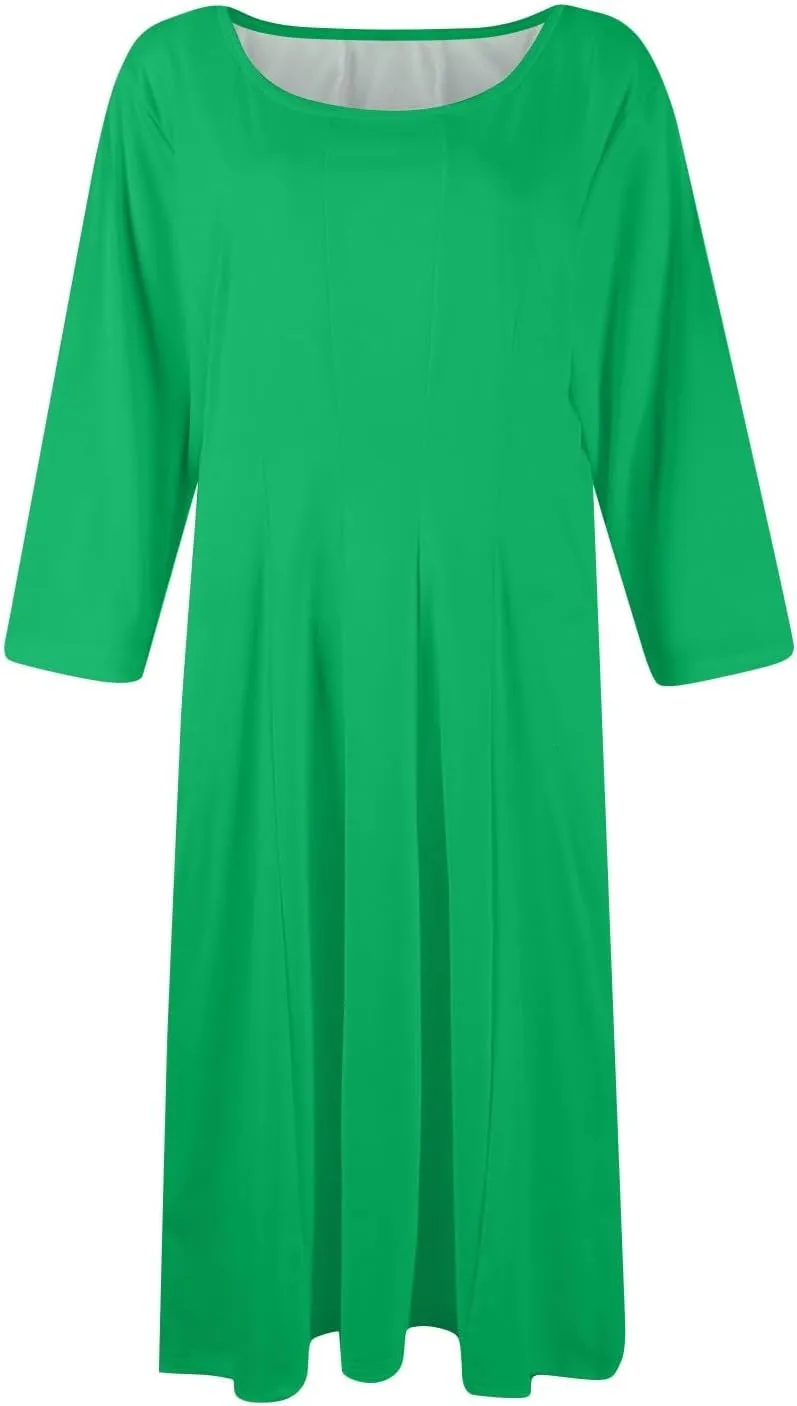 Womens Dress 3/4 Sleeve Spring A Line Dress Solid Plain High Waist Midi Dresses Summer Round Neck Dresses with Pocket