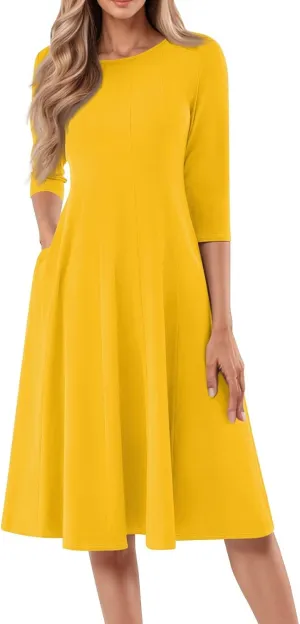 Womens Dress 3/4 Sleeve Spring A Line Dress Solid Plain High Waist Midi Dresses Summer Round Neck Dresses with Pocket