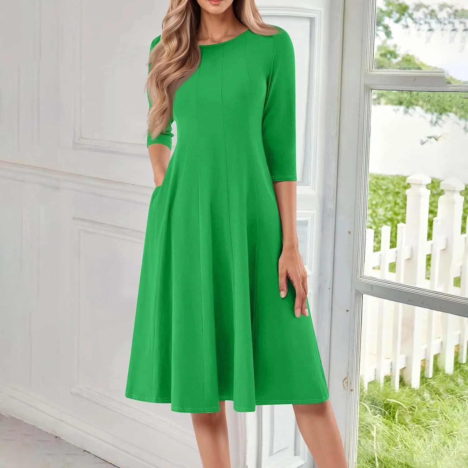 Womens Dress 3/4 Sleeve Spring A Line Dress Solid Plain High Waist Midi Dresses Summer Round Neck Dresses with Pocket