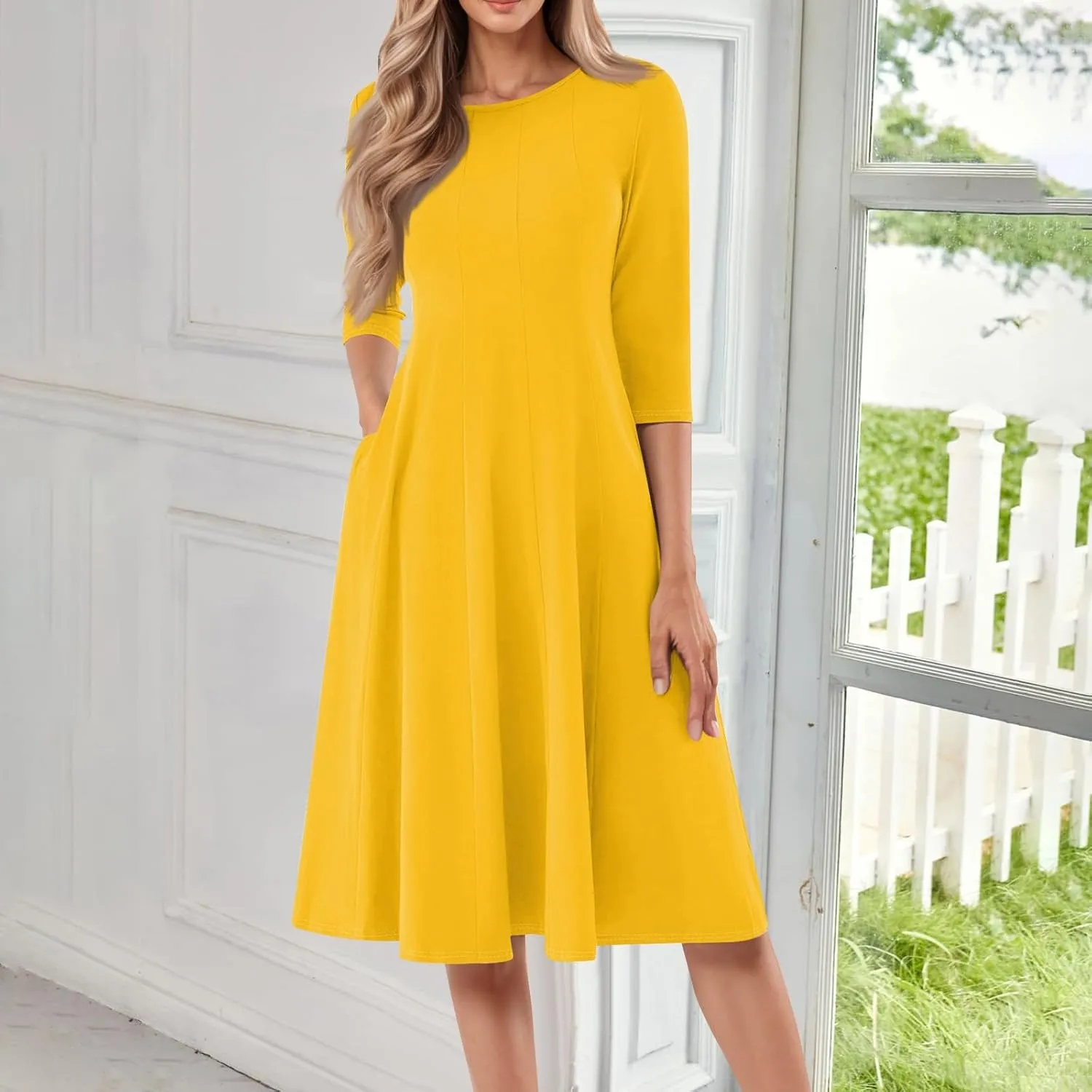 Womens Dress 3/4 Sleeve Spring A Line Dress Solid Plain High Waist Midi Dresses Summer Round Neck Dresses with Pocket