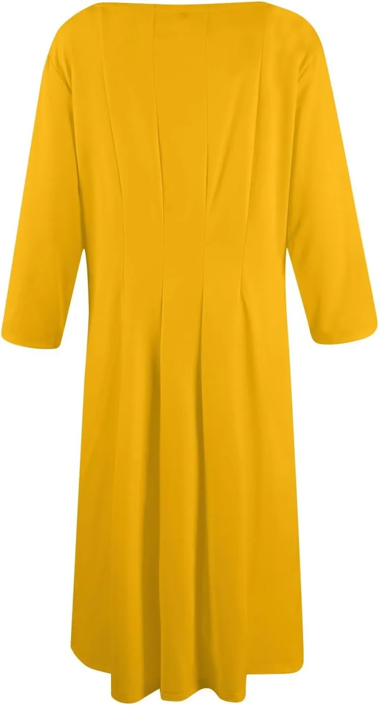 Womens Dress 3/4 Sleeve Spring A Line Dress Solid Plain High Waist Midi Dresses Summer Round Neck Dresses with Pocket