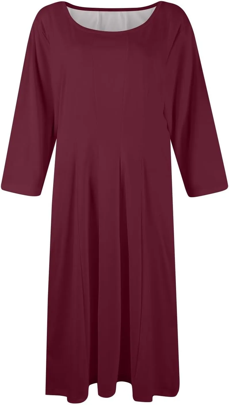 Womens Dress 3/4 Sleeve Spring A Line Dress Solid Plain High Waist Midi Dresses Summer Round Neck Dresses with Pocket
