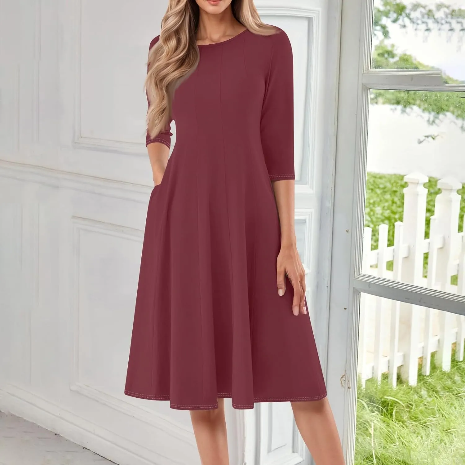 Womens Dress 3/4 Sleeve Spring A Line Dress Solid Plain High Waist Midi Dresses Summer Round Neck Dresses with Pocket