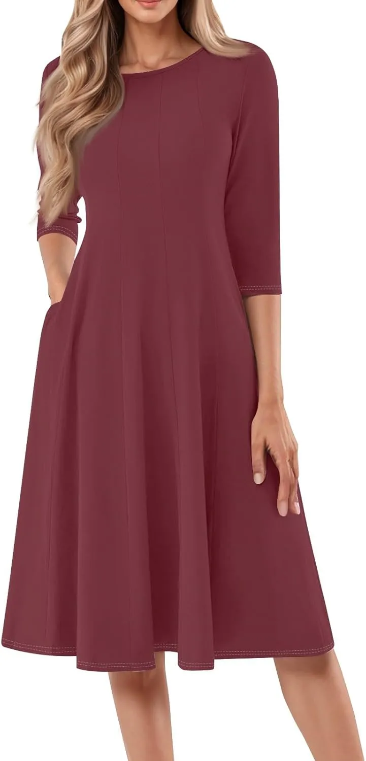 Womens Dress 3/4 Sleeve Spring A Line Dress Solid Plain High Waist Midi Dresses Summer Round Neck Dresses with Pocket