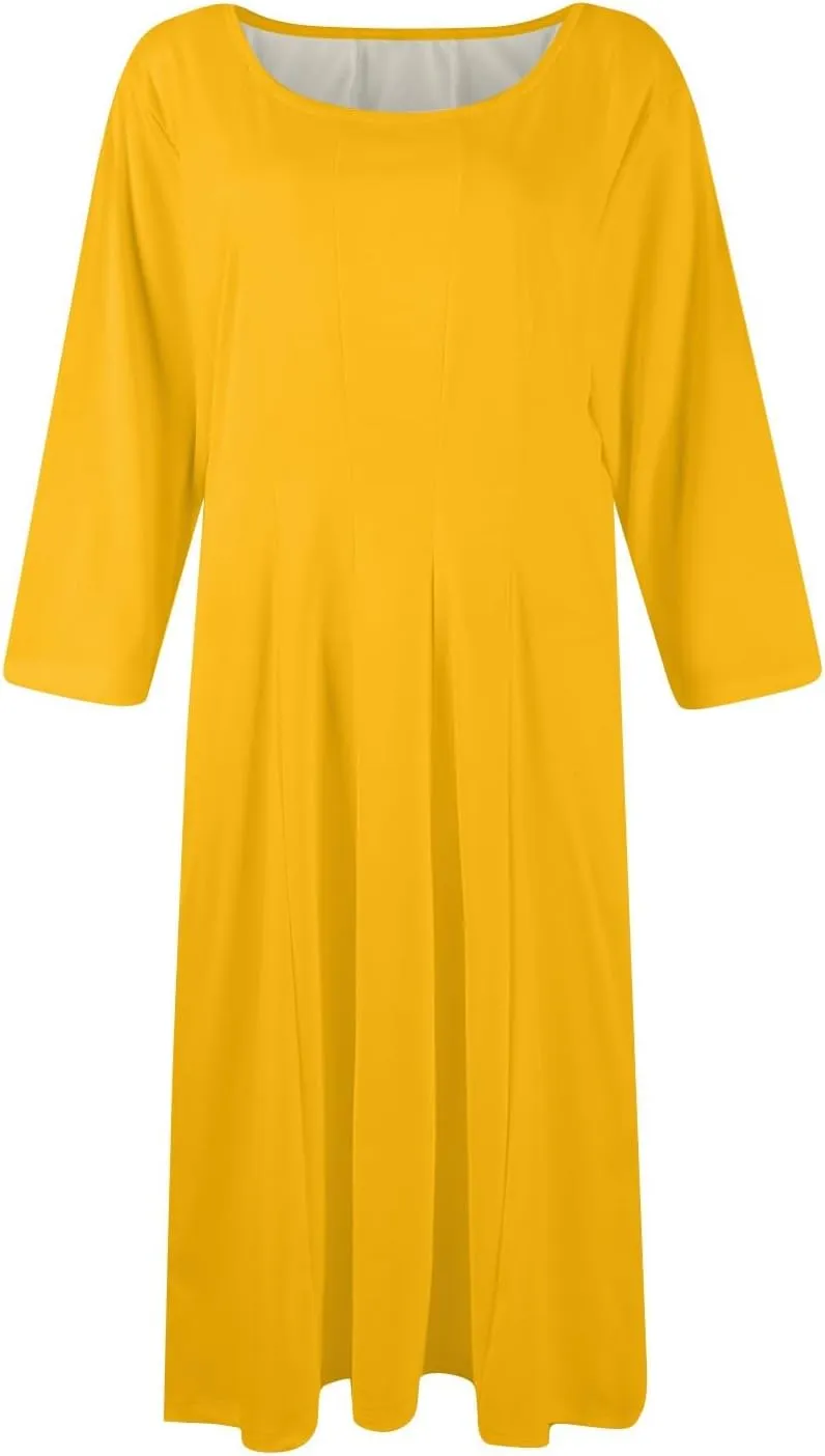 Womens Dress 3/4 Sleeve Spring A Line Dress Solid Plain High Waist Midi Dresses Summer Round Neck Dresses with Pocket