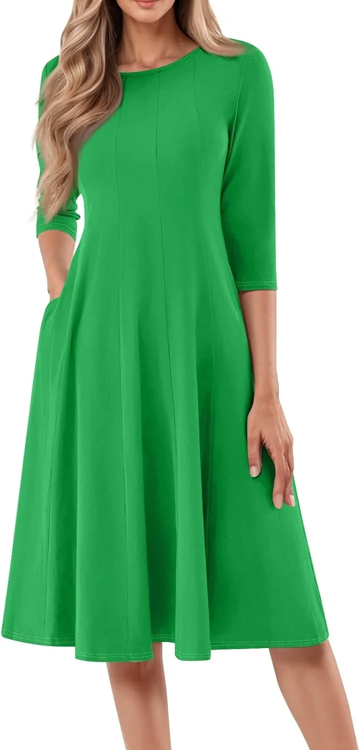 Womens Dress 3/4 Sleeve Spring A Line Dress Solid Plain High Waist Midi Dresses Summer Round Neck Dresses with Pocket