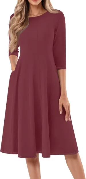 Womens Dress 3/4 Sleeve Spring A Line Dress Solid Plain High Waist Midi Dresses Summer Round Neck Dresses with Pocket