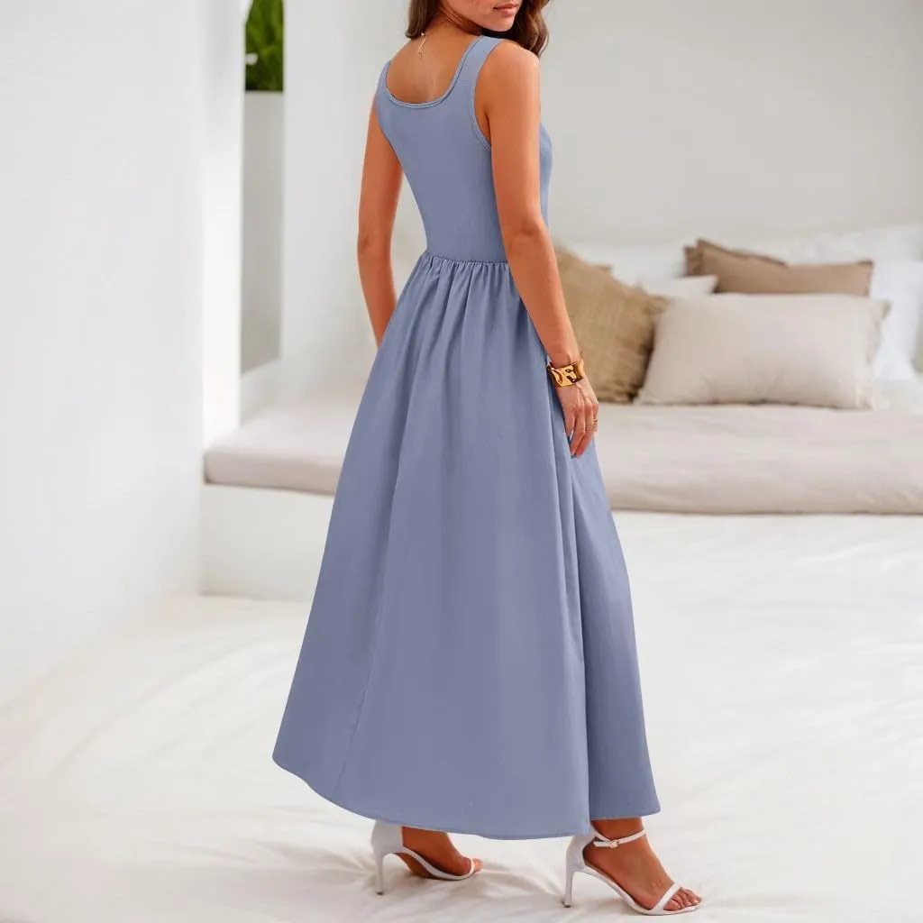 Womens Dress Summer Tank Dress Cute Sundresses High Waist Sleeveless Empire Waist Dresses A Line Dresses with Pocket