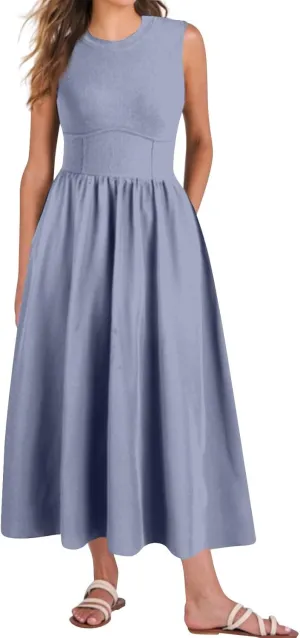 Womens Dress Summer Tank Dress Cute Sundresses High Waist Sleeveless Empire Waist Dresses A Line Dresses with Pocket