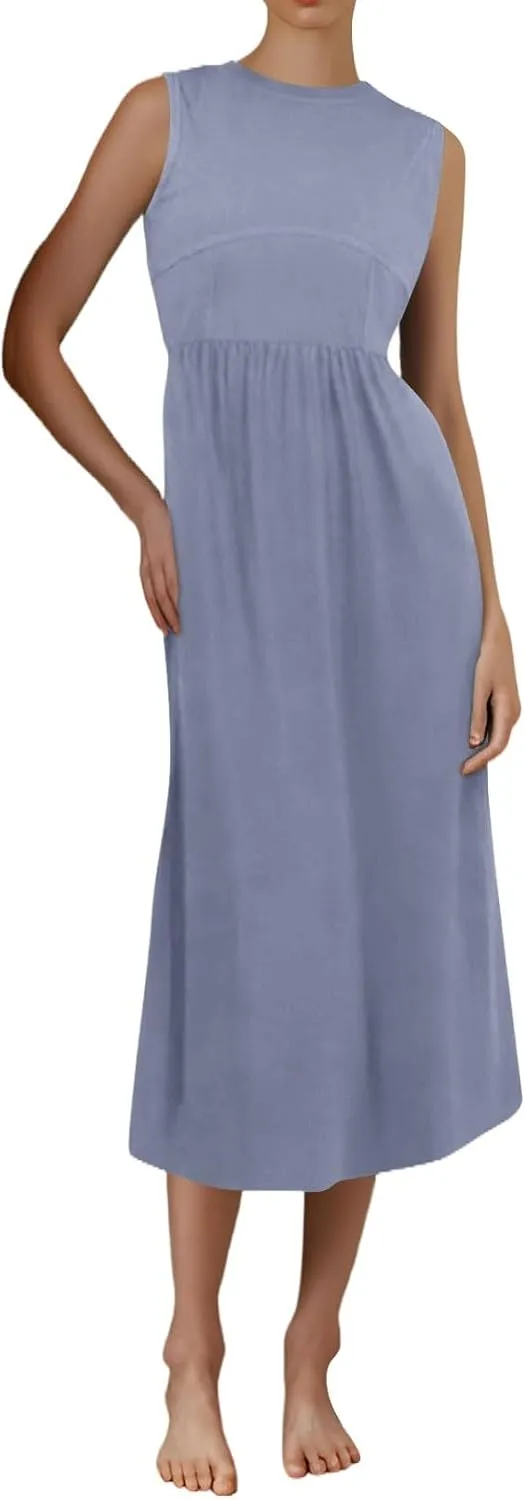 Womens Dress Summer Tank Dress Cute Sundresses High Waist Sleeveless Empire Waist Dresses A Line Dresses with Pocket