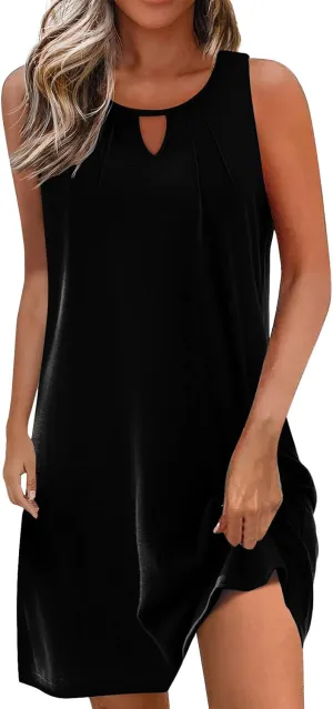 Womens Dresses Crewneck Sleeveless Hollow Mini Dress Ruffle Sexy Fashion Trendy Dressy Tops Dress Summer Sundress