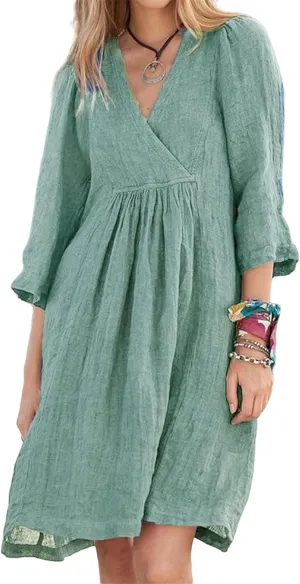Womens Dresses Summer Cotton Linen 3/4 Sleeve V Neck Midi Dress Casual Loose Fit Beach Vacation Dress 2025
