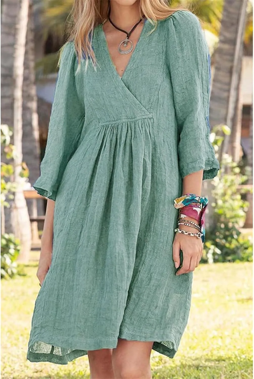 Womens Dresses Summer Cotton Linen 3/4 Sleeve V Neck Midi Dress Casual Loose Fit Beach Vacation Dress 2025