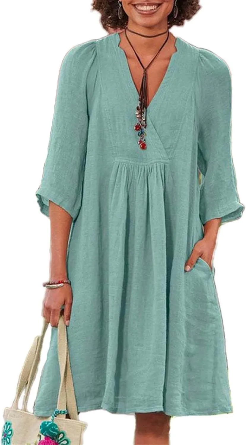 Womens Dresses Summer Cotton Linen 3/4 Sleeve V Neck Midi Dress Casual Loose Fit Beach Vacation Dress 2025