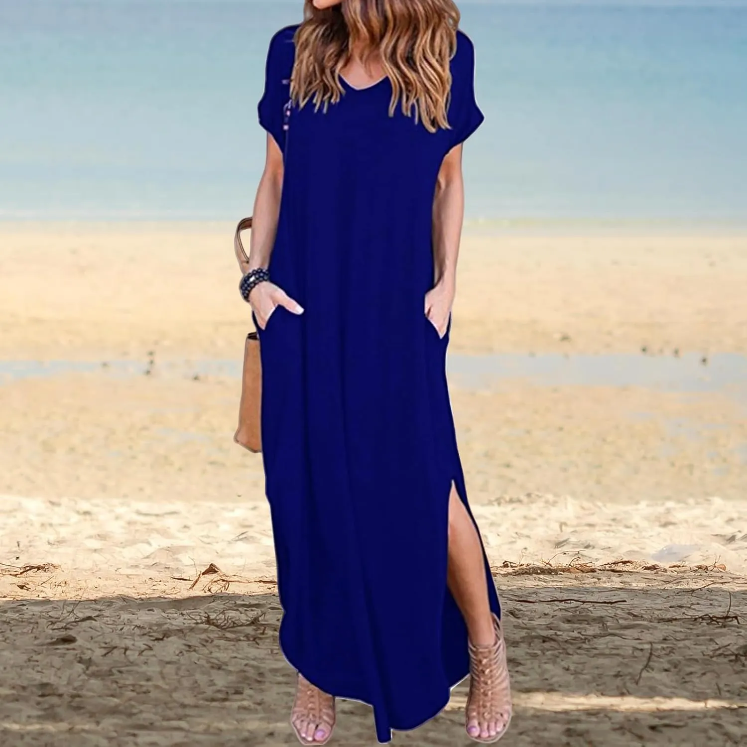 Women's Dresses Summer Plus Size Sundress Short Sleeve V Neck Dress Loose Fit Solid Color Dresses Split Dress 2025