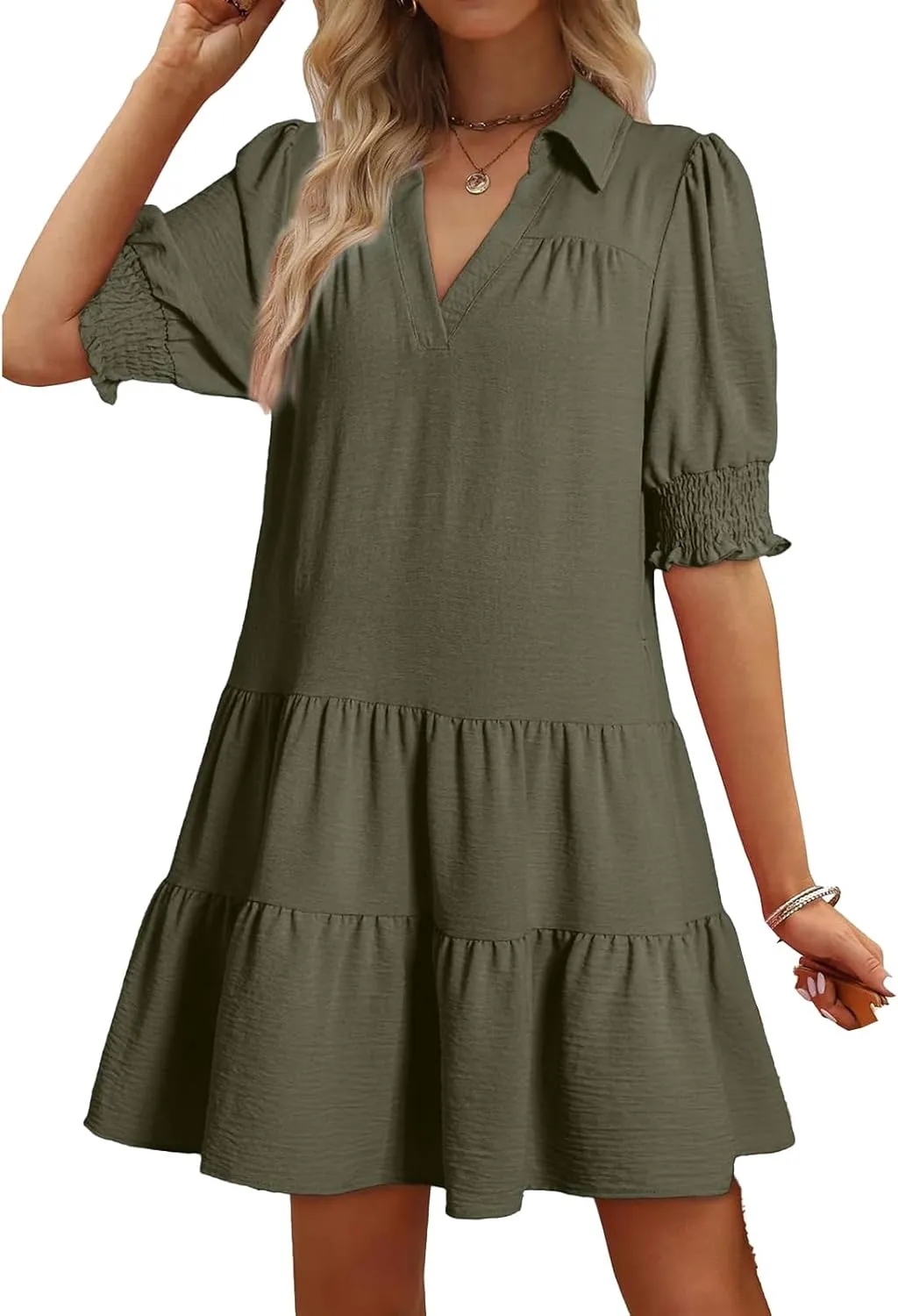 Womens Dresses V Neck Batwing Sleeve Loose Fit Mini Dress Flowy Swing Tiered Layered Baggy Dresses Summer Sundress