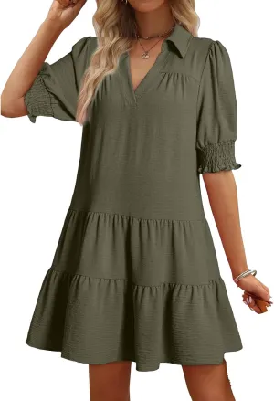 Womens Dresses V Neck Batwing Sleeve Loose Fit Mini Dress Flowy Swing Tiered Layered Baggy Dresses Summer Sundress