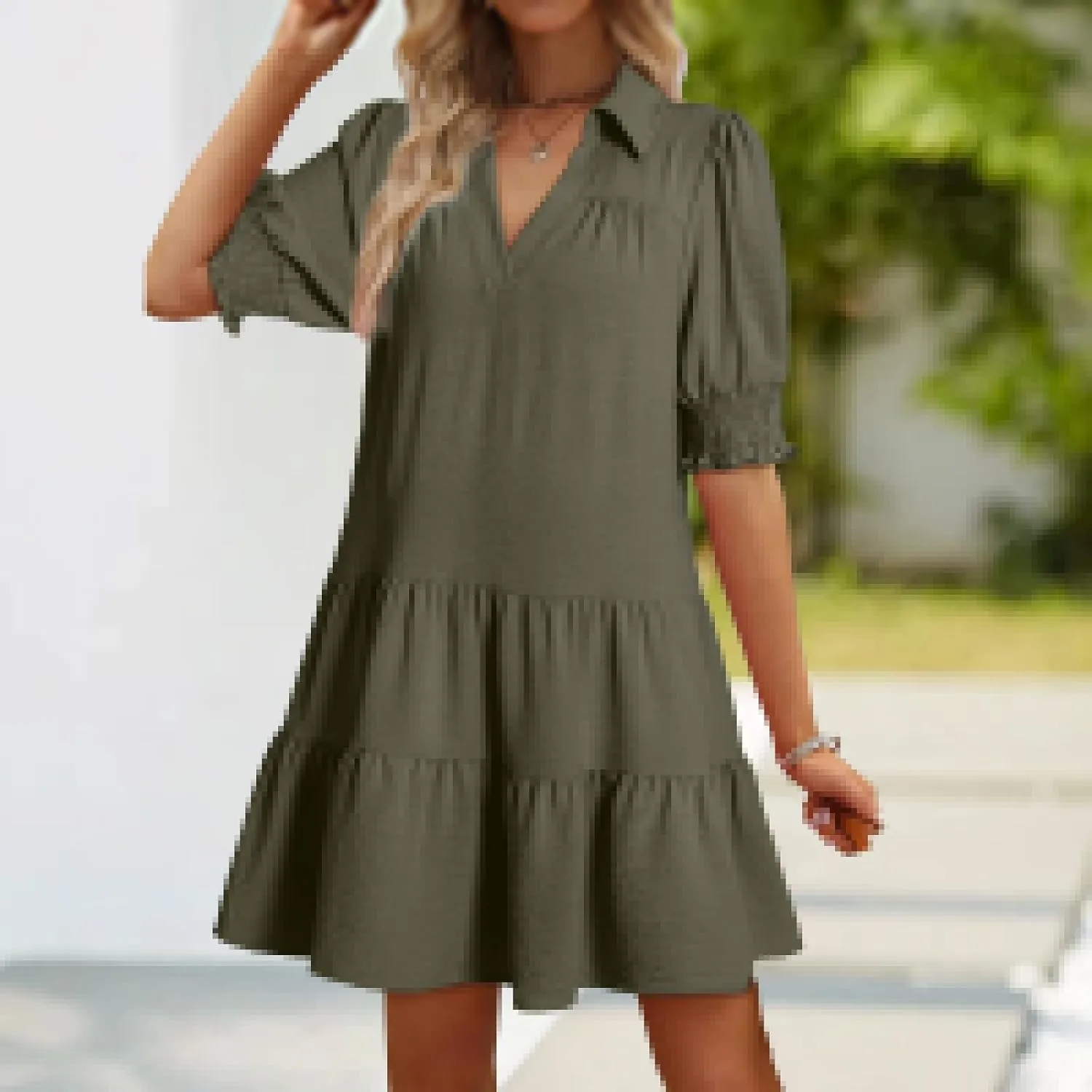 Womens Dresses V Neck Batwing Sleeve Loose Fit Mini Dress Flowy Swing Tiered Layered Baggy Dresses Summer Sundress