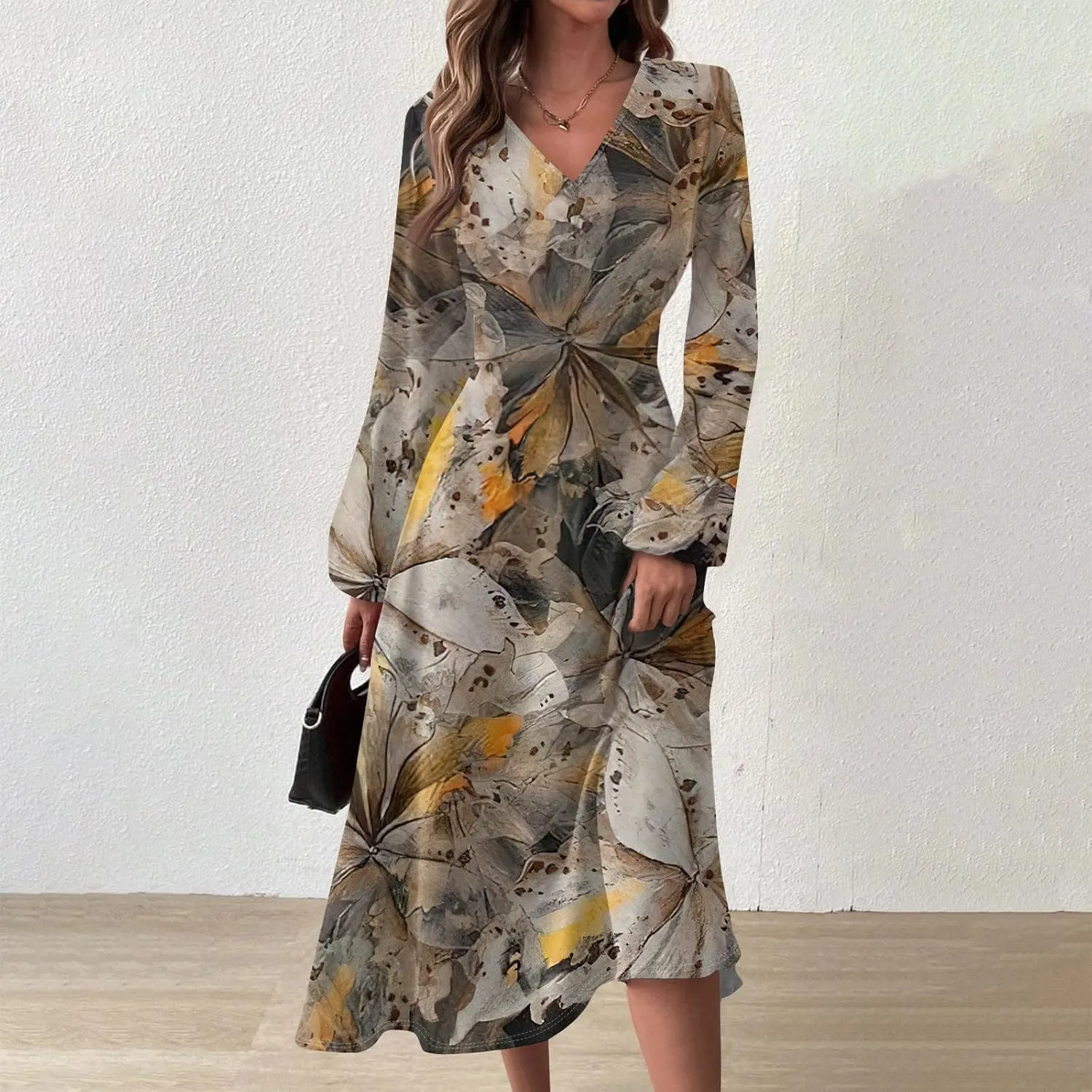 Womens Fall Dresses Long Sleeve V Neck Floral Print Wrap Maxi Dress Ruffle A-Line Flowy Long Dresses