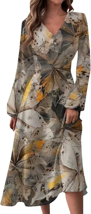 Womens Fall Dresses Long Sleeve V Neck Floral Print Wrap Maxi Dress Ruffle A-Line Flowy Long Dresses