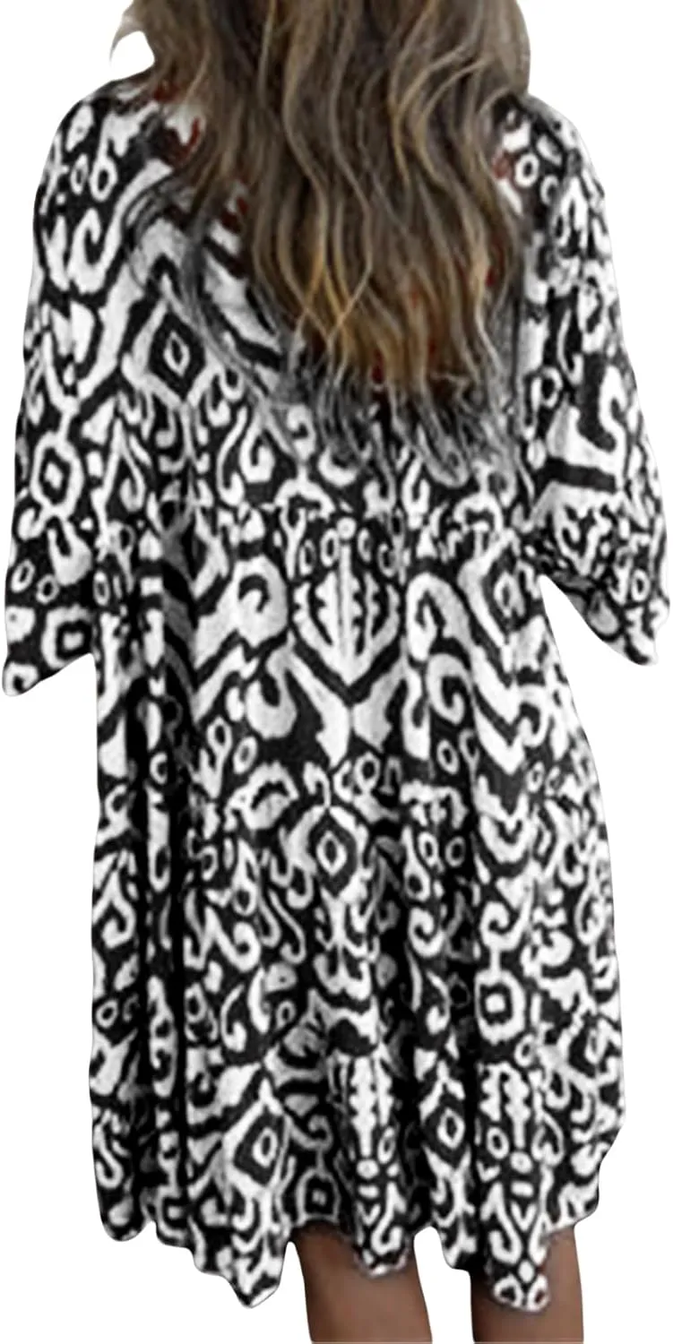 Womens Flora Boho Dress V Neck 3/4 Sleeve Midi Dresses Summer Casual Loose Waist Pleated Vacation Dress