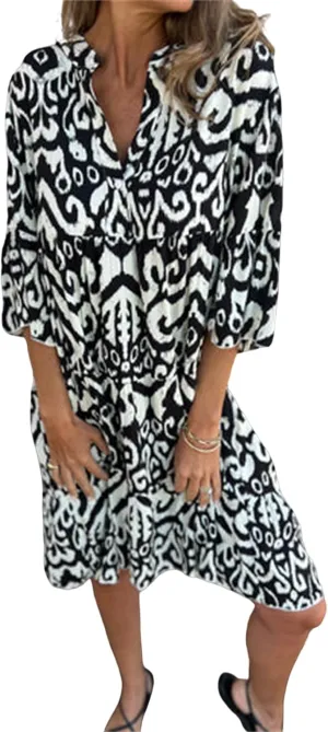 Womens Flora Boho Dress V Neck 3/4 Sleeve Midi Dresses Summer Casual Loose Waist Pleated Vacation Dress