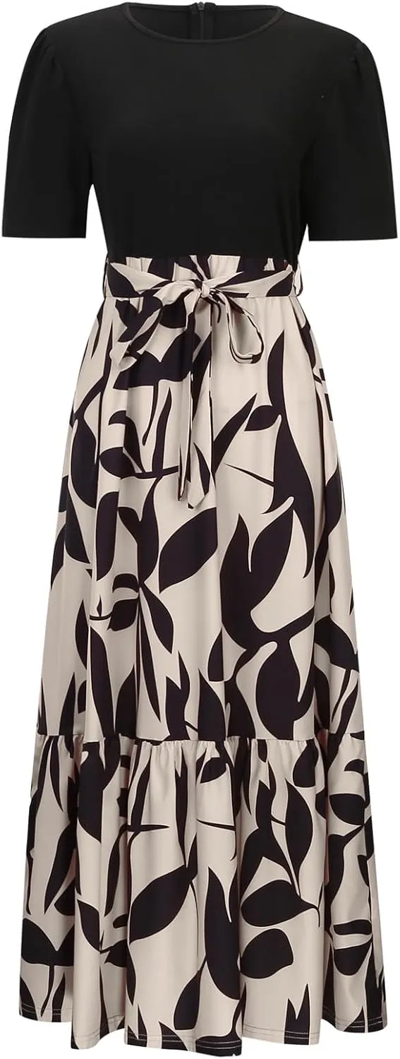 Women's Floral Maxi Dresses Summer Casual Crewneck Short Sleeve A Line Belted Ruffle Flowy Long Beach Vacation Boho Dress