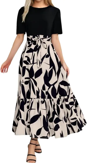 Women's Floral Maxi Dresses Summer Casual Crewneck Short Sleeve A Line Belted Ruffle Flowy Long Beach Vacation Boho Dress