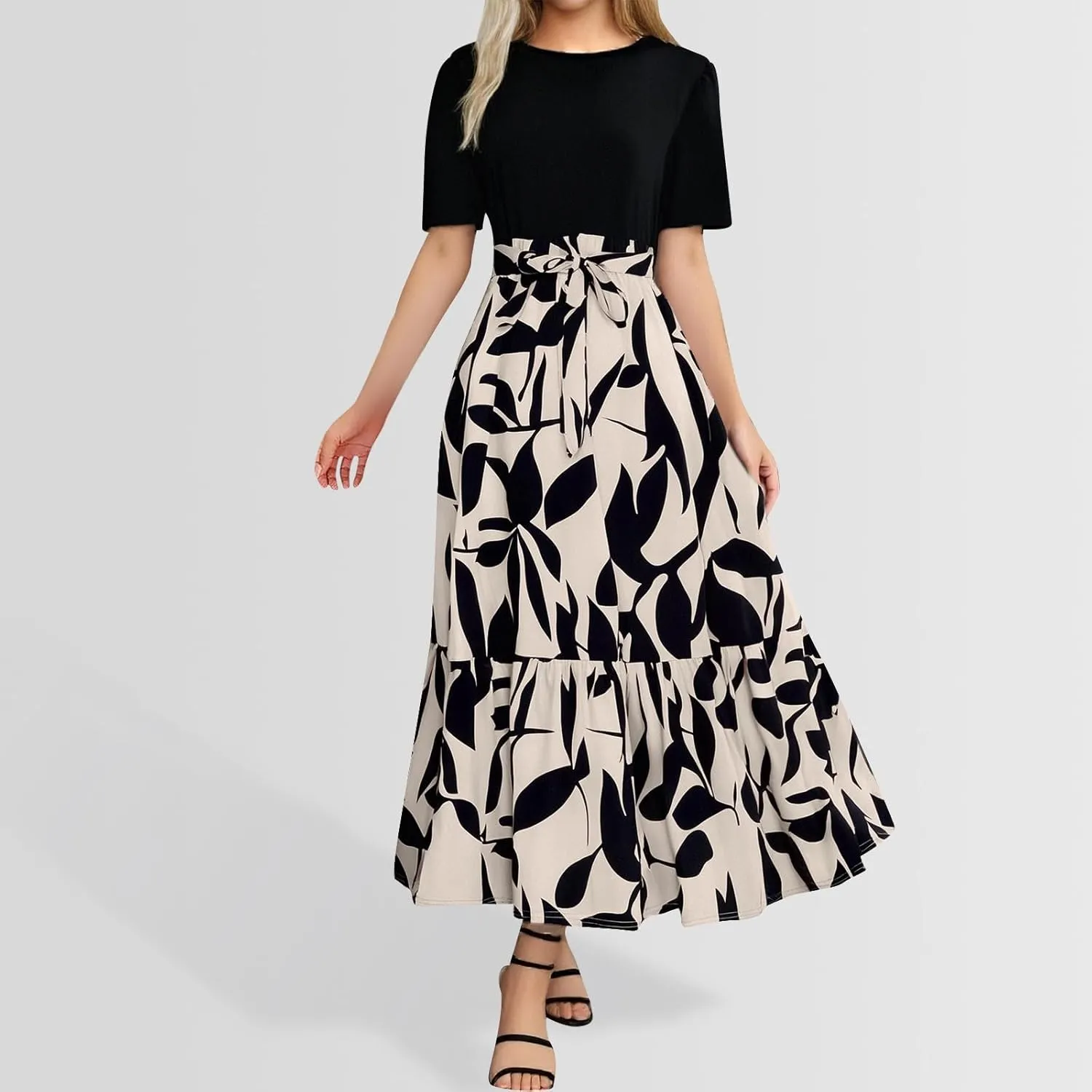 Women's Floral Maxi Dresses Summer Casual Crewneck Short Sleeve A Line Belted Ruffle Flowy Long Beach Vacation Boho Dress