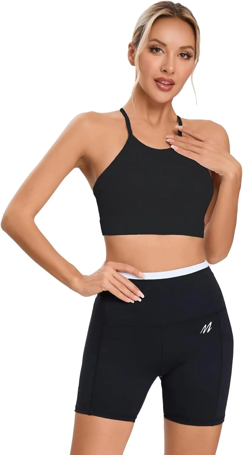Women's High Neck Spaghetti Strap Halter Sports Bra Racerback Y Back Yoga Bra Fitness Workout Crop Tank Bra