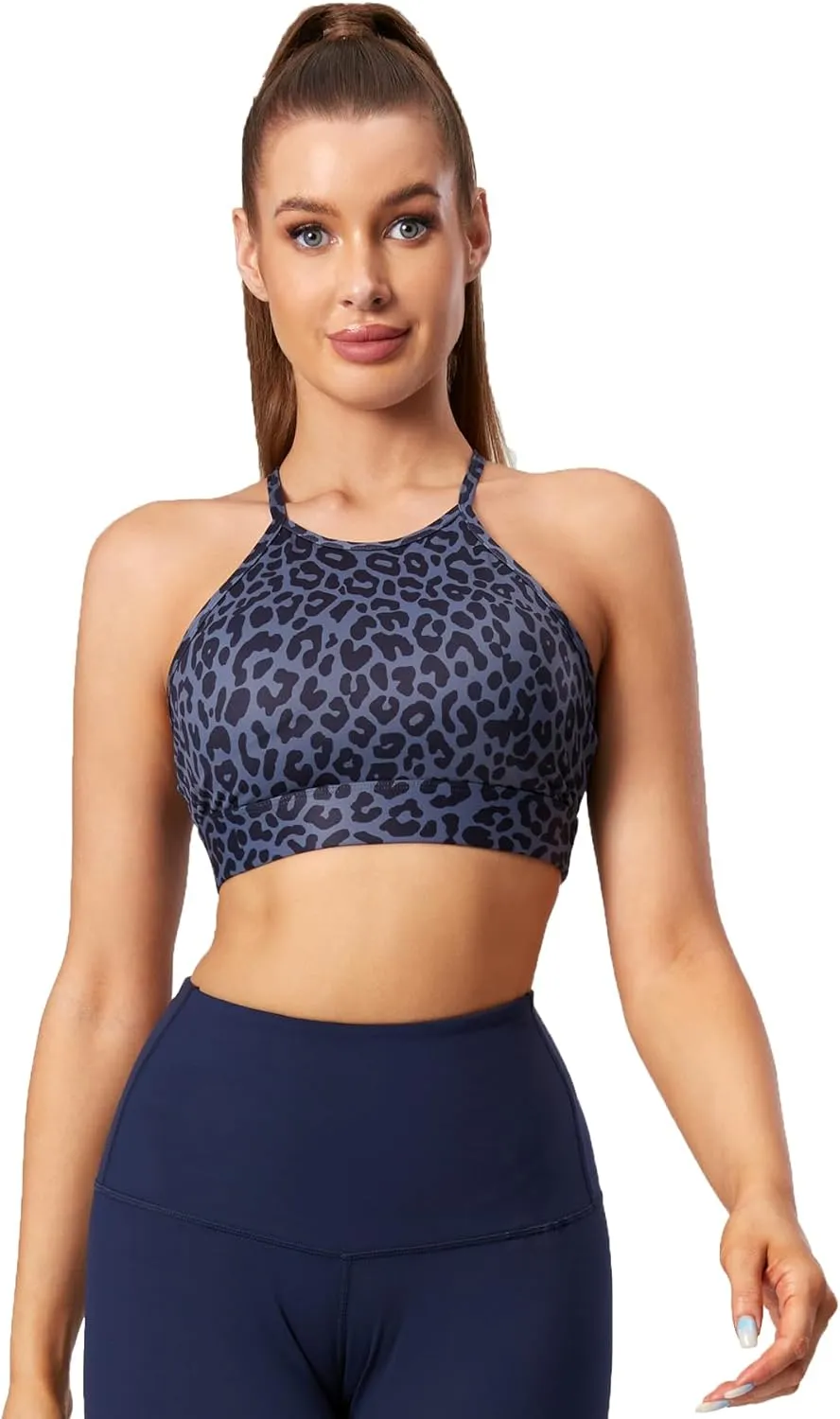 Women's High Neck Spaghetti Strap Halter Sports Bra Racerback Y Back Yoga Bra Fitness Workout Crop Tank Bra