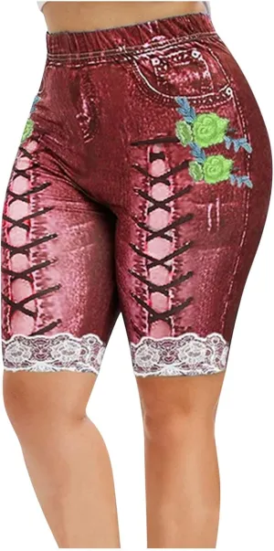 Womens High Waisted Casual Denim Shorts Plus Size Printed Lace Trim Skinny Jeans Shorts Stretch Comfy Bermuda Shorts