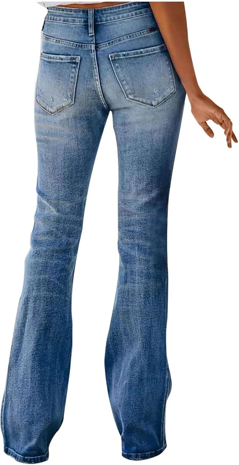 Womens High Waisted Jeans Fashion Casual Stretch Bootcut Denim Pants Slim Fit Ripped Pant Flare Bell Bottom Jeans
