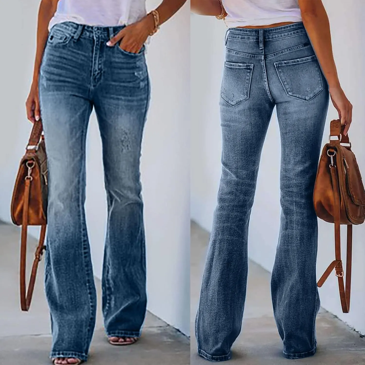Womens High Waisted Jeans Fashion Casual Stretch Bootcut Denim Pants Slim Fit Ripped Pant Flare Bell Bottom Jeans