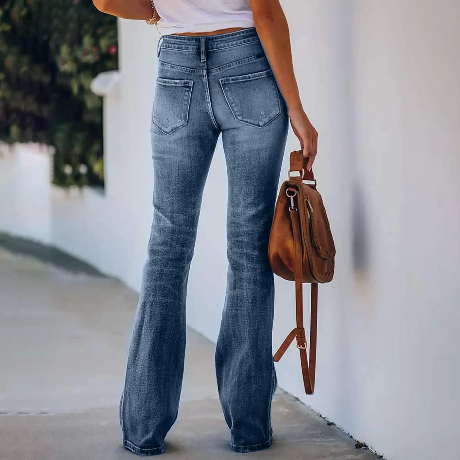 Womens High Waisted Jeans Fashion Casual Stretch Bootcut Denim Pants Slim Fit Ripped Pant Flare Bell Bottom Jeans