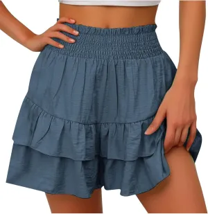 Women's High Waisted Ruffle Shorts Floral Pleated Hem Workout Shorts Baggy Summer Casual Cute Beach Shorts