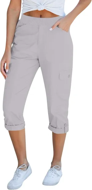 Womens Hiking Cargo Pants Loose Fit Elastic Waisted Pull On Capris Pants Baggy Trousers with Pockets