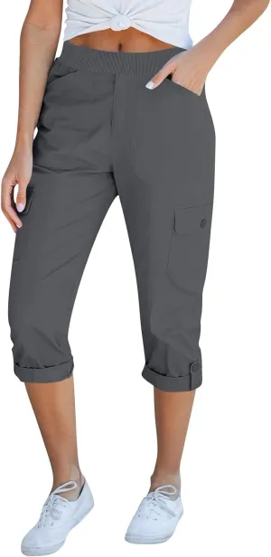 Womens Hiking Cargo Pants Loose Fit Elastic Waisted Pull On Capris Pants Baggy Trousers with Pockets