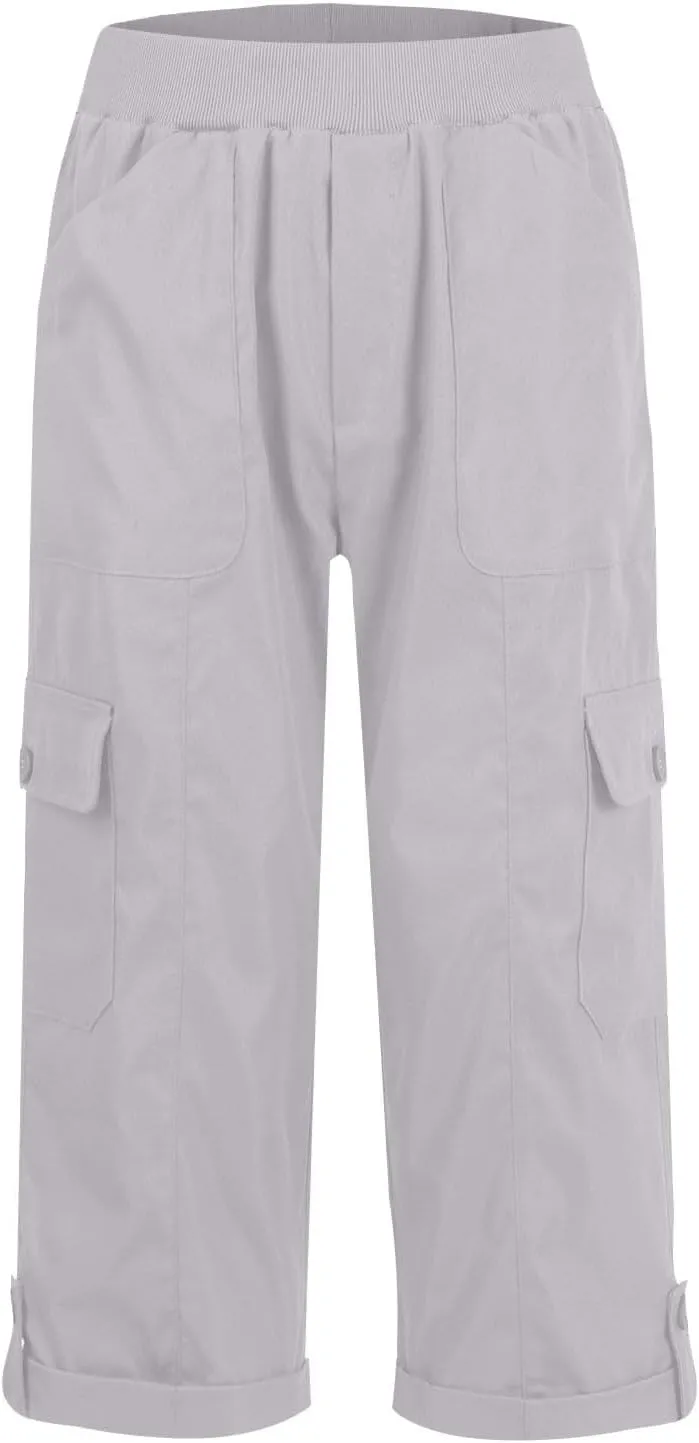 Womens Hiking Cargo Pants Loose Fit Elastic Waisted Pull On Capris Pants Baggy Trousers with Pockets