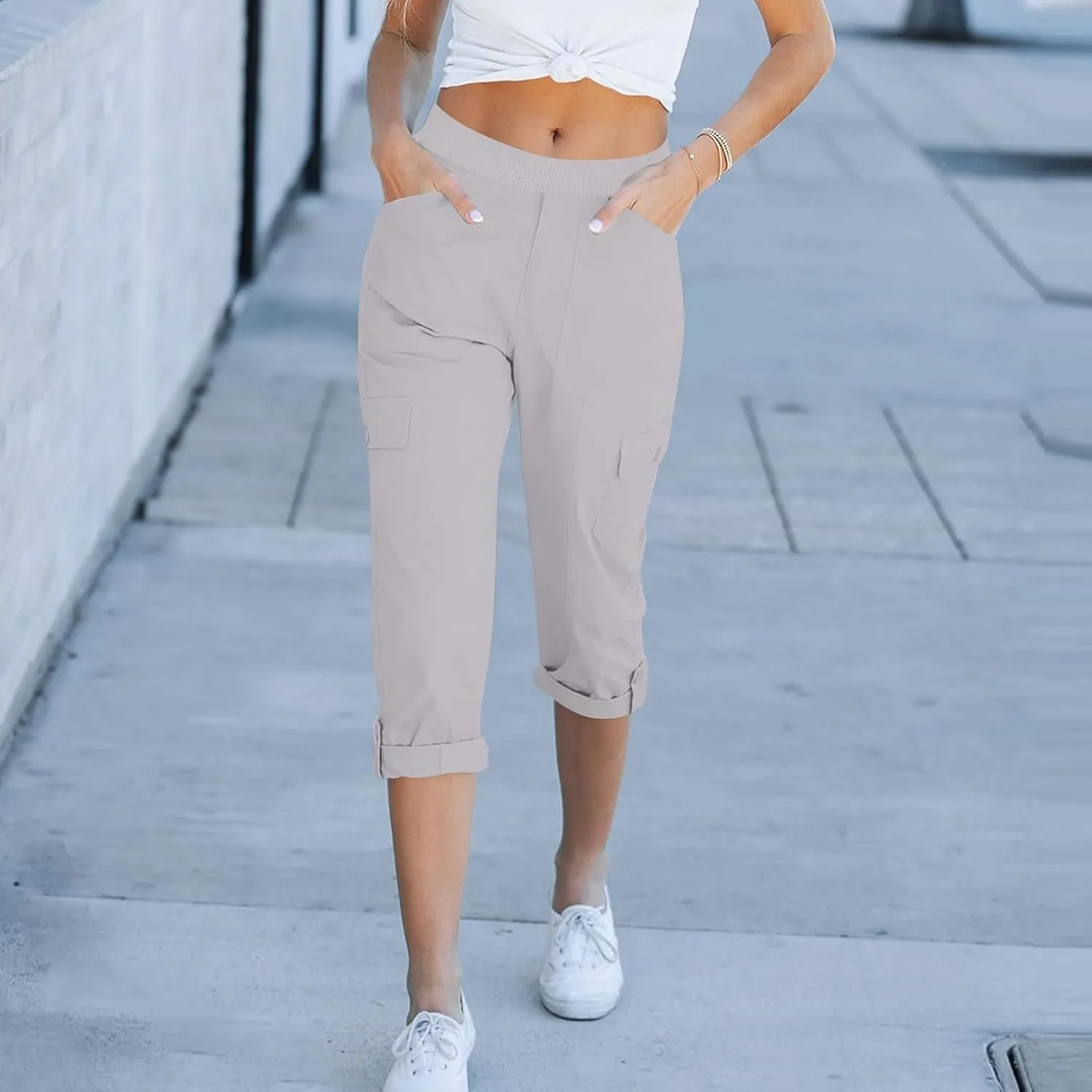 Womens Hiking Cargo Pants Loose Fit Elastic Waisted Pull On Capris Pants Baggy Trousers with Pockets