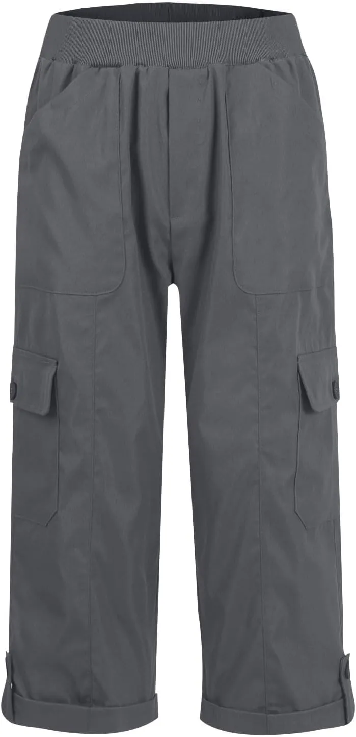 Womens Hiking Cargo Pants Loose Fit Elastic Waisted Pull On Capris Pants Baggy Trousers with Pockets