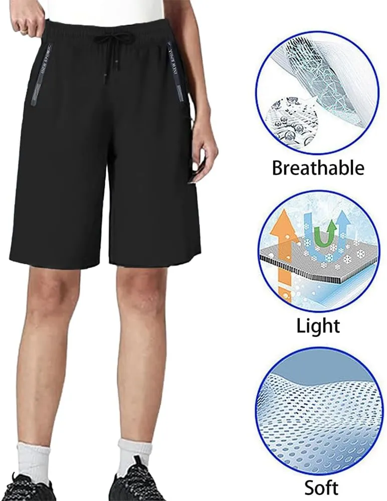 Women's Ice Silk Quick-Dry Stretch Shorts, with Zipper Pockets, Breathable Running & Workout Shorts
