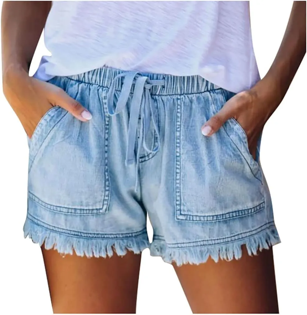 Womens Jean Shorts 2024 Summer Elastic Waist Drawstring Denim Shorts Casual Comfy Lightweight Shorts with Pockets