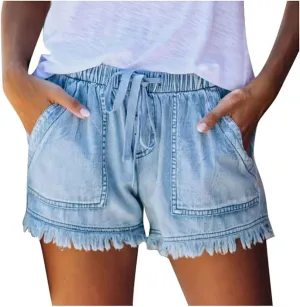 Womens Jean Shorts 2024 Summer Elastic Waist Drawstring Denim Shorts Casual Comfy Lightweight Shorts with Pockets
