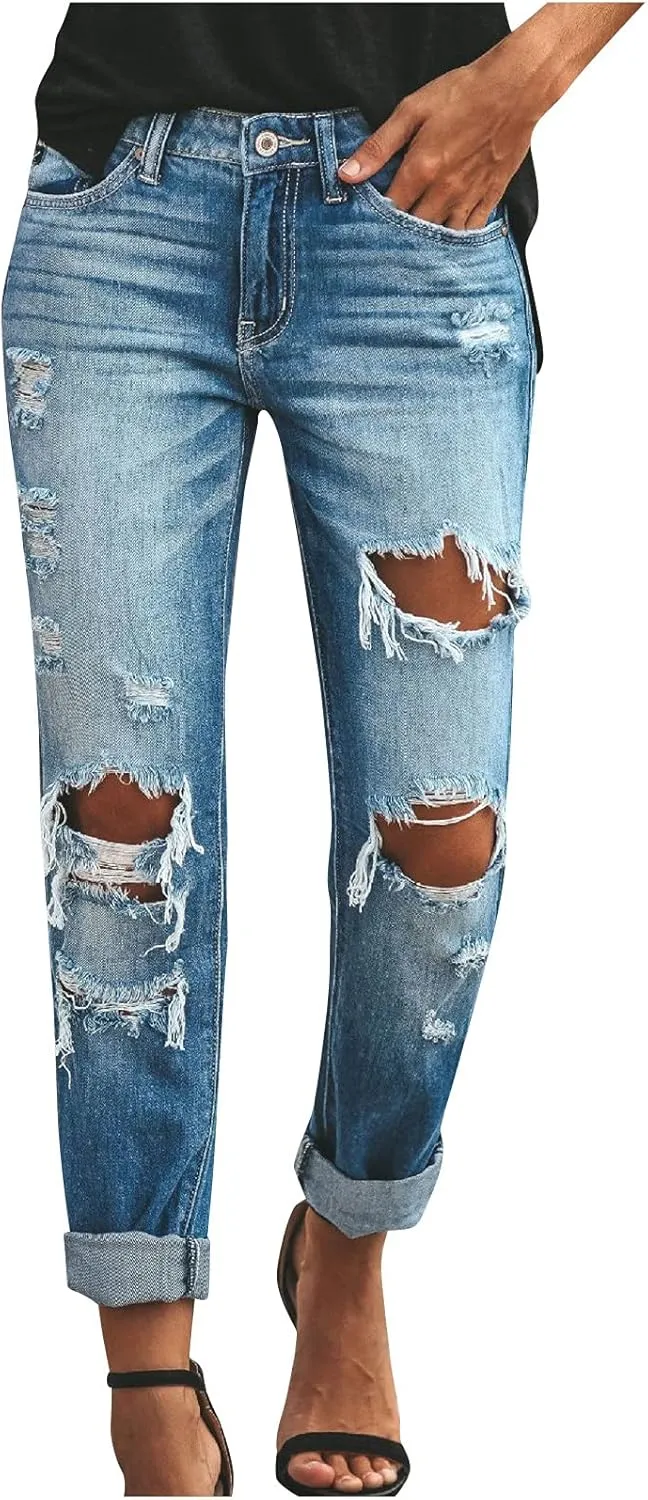Women's Jeans Trendy Classic Mid Rise Straight Leg Trousers Skinny Ripped Jeans Slim Fit Denim Long Pants
