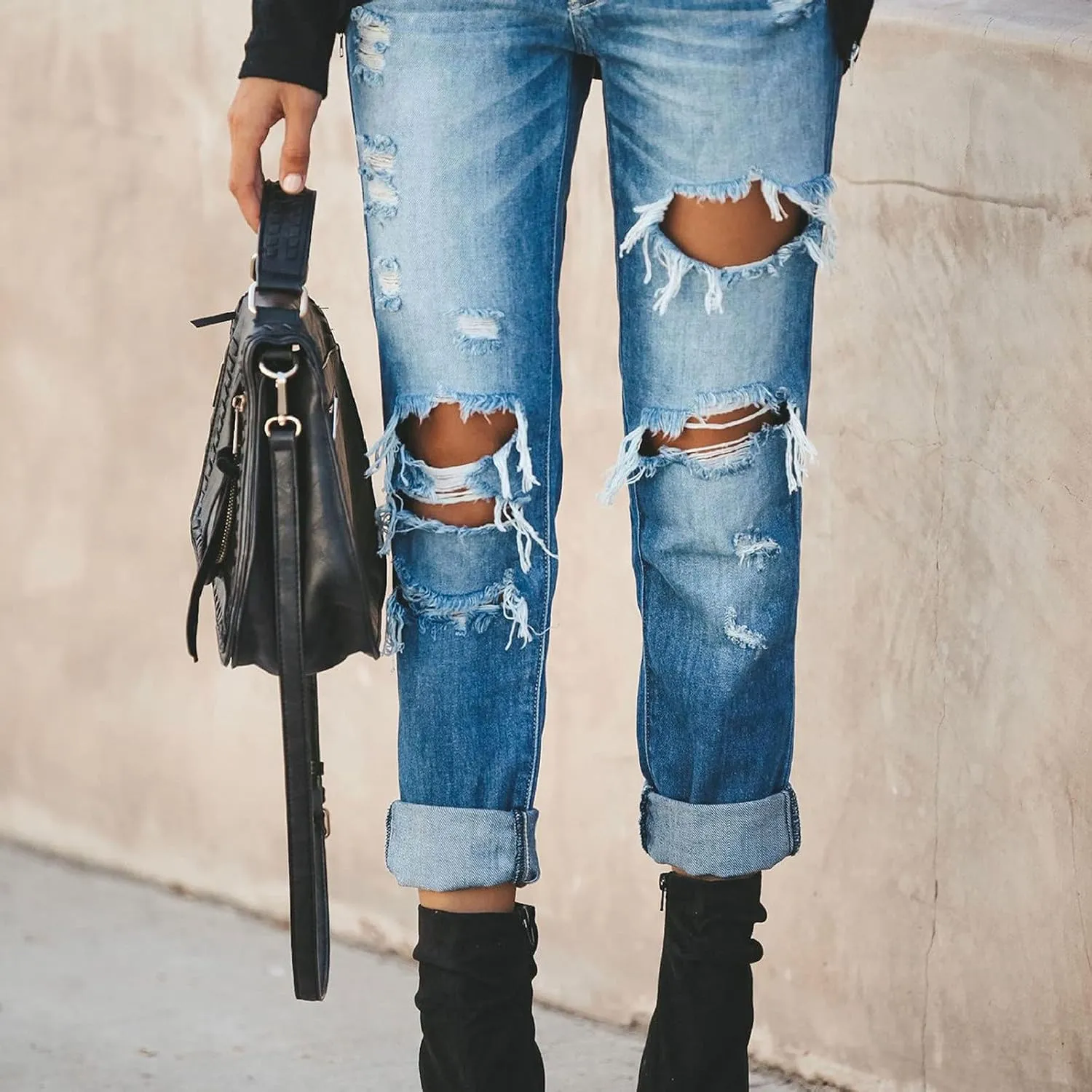 Women's Jeans Trendy Classic Mid Rise Straight Leg Trousers Skinny Ripped Jeans Slim Fit Denim Long Pants