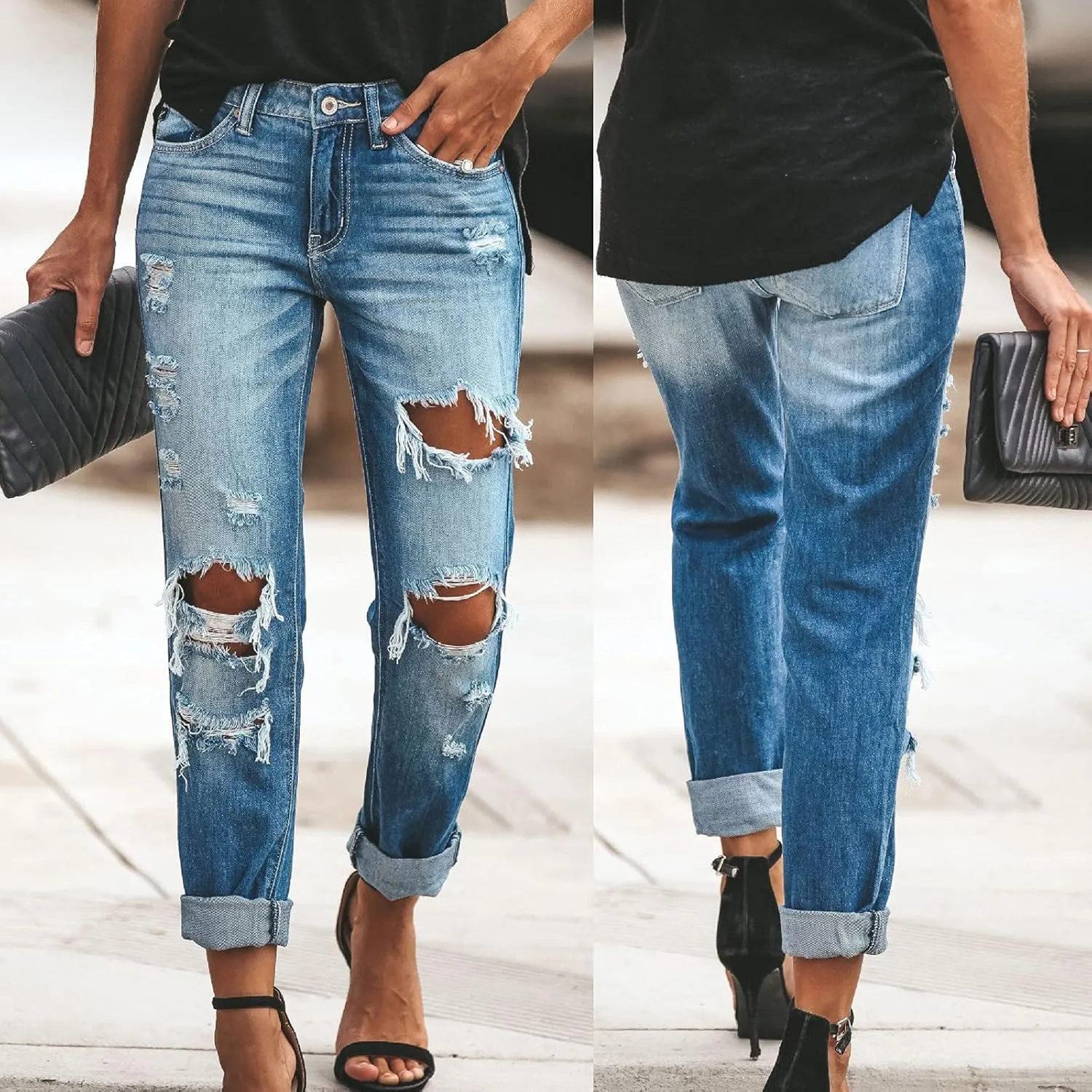 Women's Jeans Trendy Classic Mid Rise Straight Leg Trousers Skinny Ripped Jeans Slim Fit Denim Long Pants